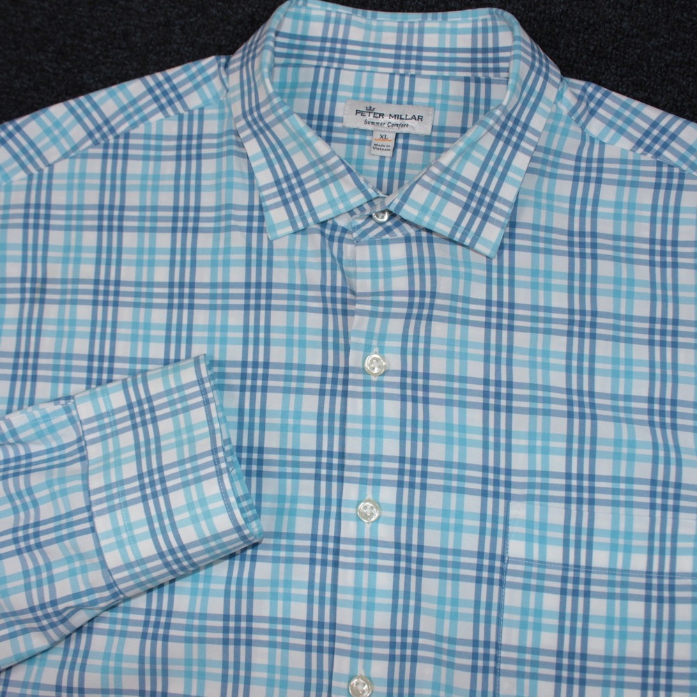 Peter Millar Summer Comfort Button Down Shirt Mens XL Blue Plaid Performance